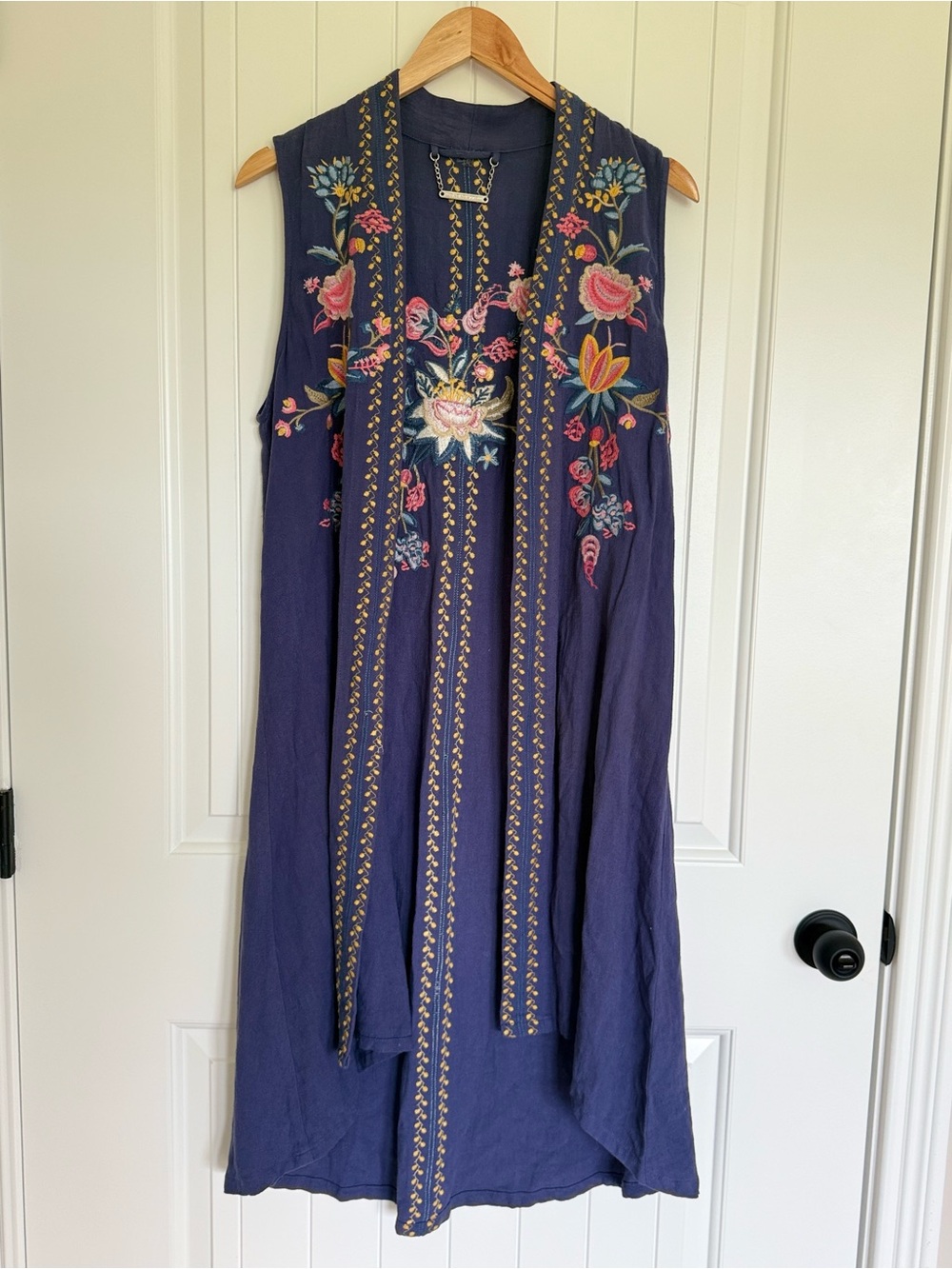Paparazzi Boho Linen Cotton Blend Embroidered Long Floral Duster Vest Purple S
